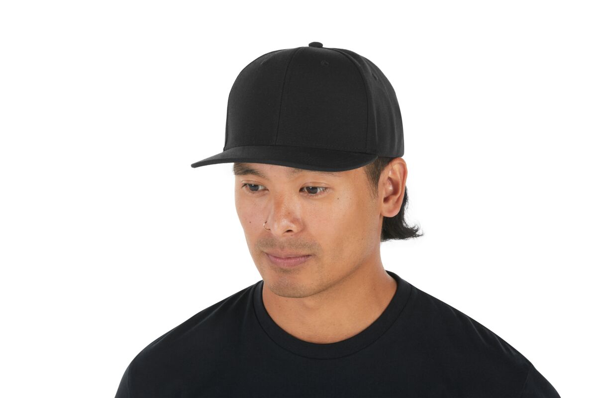 recycled-poly-classic-6-panel-hat-t1 WebPDP-HAT001002_Recycled_Poly_Classic_6Panel_Hat_Black_Studio_Harper_Studios_0723_Side_2__HAT001002OS.jpg